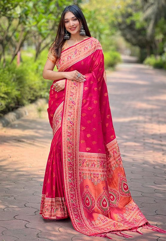 Pink Paithani Silk Wevon Paithani Designer Glamorous Ceremonial Rich Saree