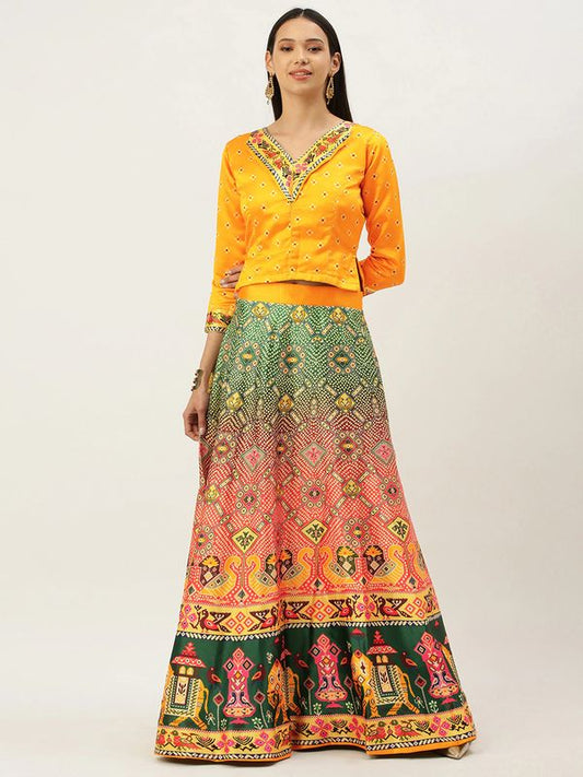 Ethnic Motifs Digital Print Shiney Satin Croptop Lehenga Choli With Blouse For Women and Girls