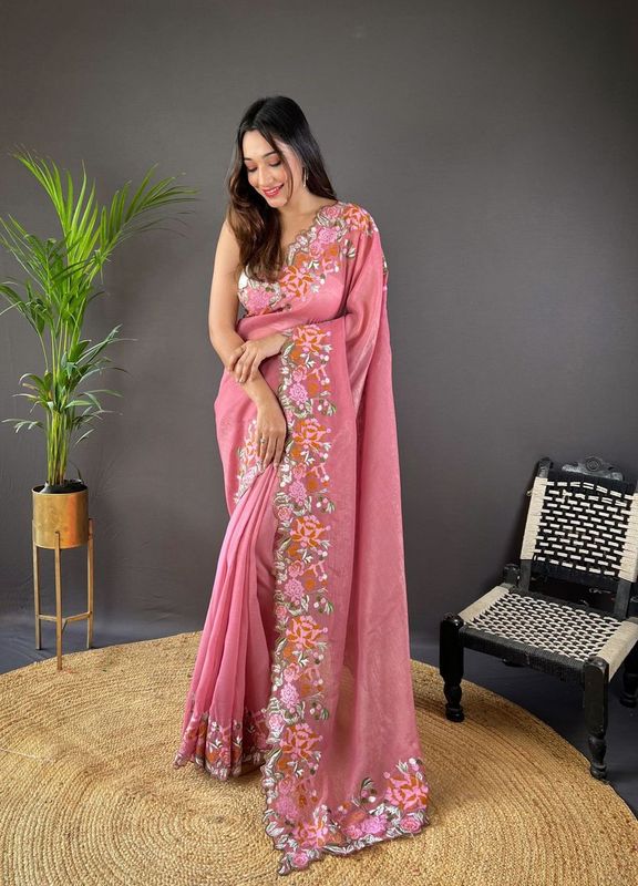 Pink Cross Stich Embroidery Cut Work Glossy Silk Saree