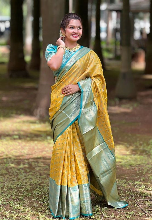 Yellow Wevon Jari Designer Tissue Silk Saree