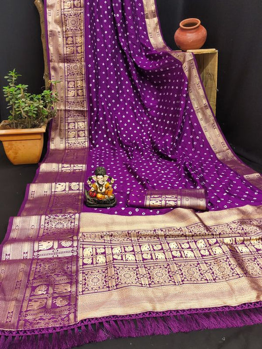 Purple Wevon Jari Heavy Designer & Bandhej Work Kanjivaram Silk Saree