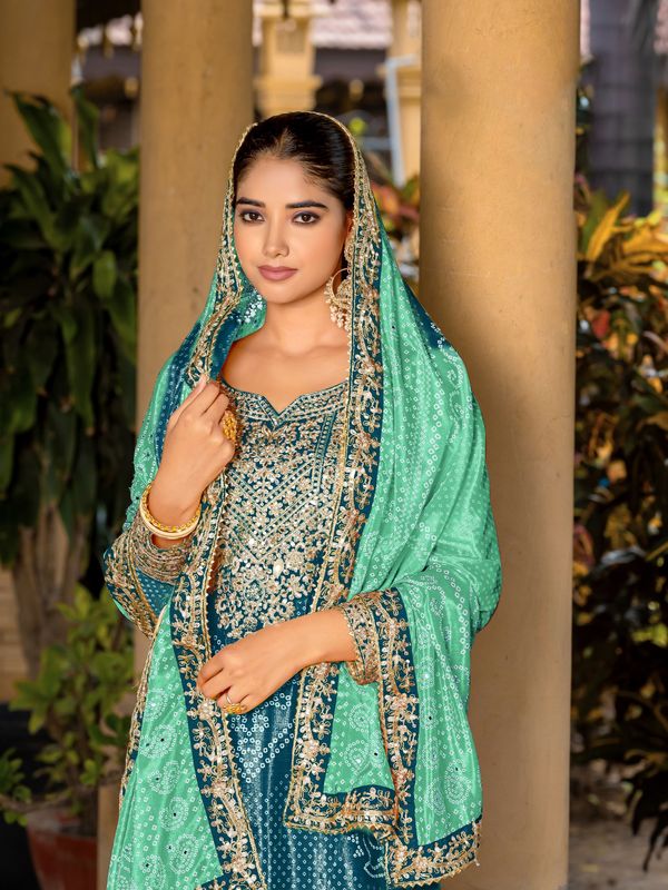 Teal Chinon Bandhani Printed Heavy Salwar Kameez With Jari And Mirror Embroidery Work