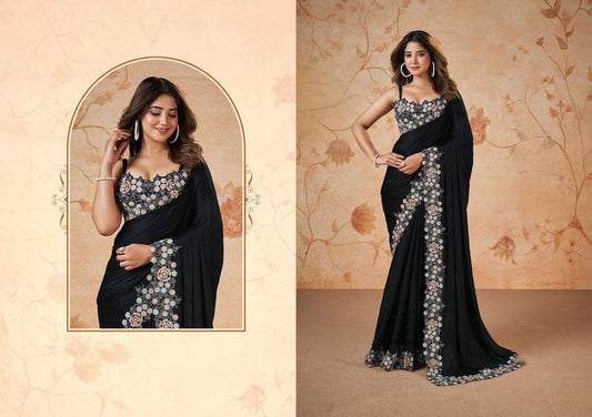 Black Heavy Embroidery & Patch & Pearl Work Crape Satin Silk Saree