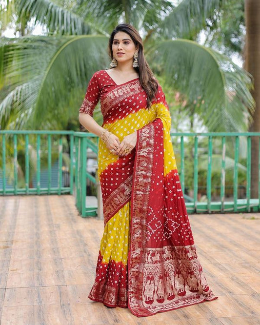 Mustard Wevon Designer & Bhandej Printed Dola Silk Saree