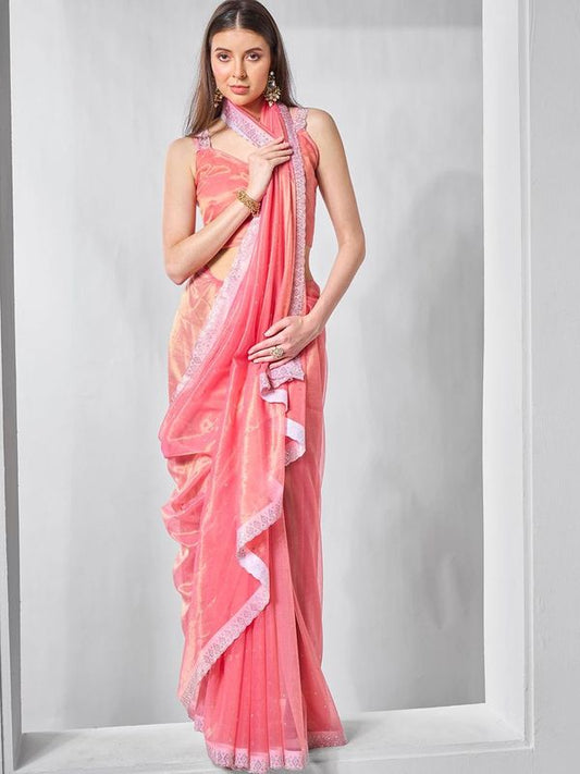 Pink Color Gold Tissue Net Solid Texture Saree With Graceful Gold Cotted