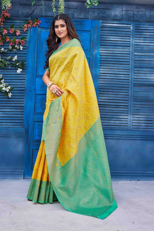 Yellow Color Ethnic Silk Blend Fabric Graceful Festive Saree With Wevon Jacquard Designer