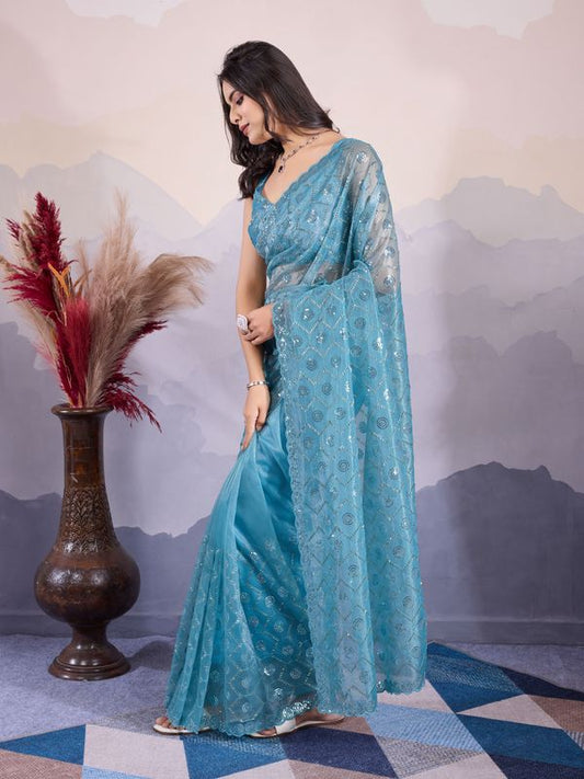 Blue Twill Net Designer Sequins Embroidery Work Glamorous Partywear Saree