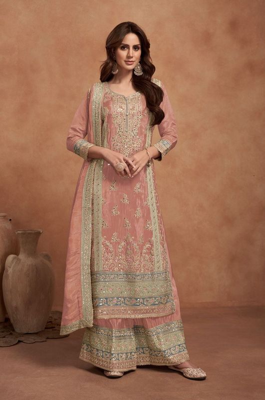 Heavy Work Beautifully Embroidered Vichitra Silk Peach Color Ethnic Palazzo Dress