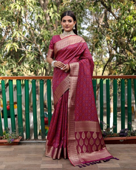 Maroon Weaving Bandhej Patola Designer Handloom Silk Saree