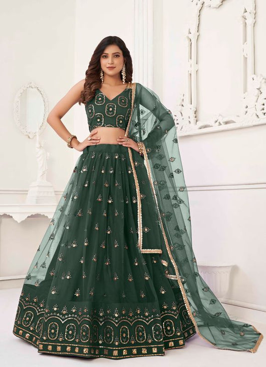 Dark Green Color Net Fabric Lehenga Choli With Sequins And Thread Embroidery Work