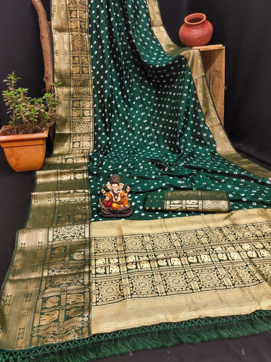 Green Wevon Jari Heavy Designer & Bandhej Work Kanjivaram Silk Saree