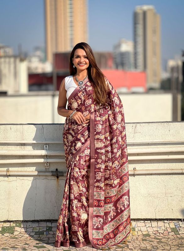 Wine Wevon Jari Border & Designer Digital Printed Tussar Silk Saree