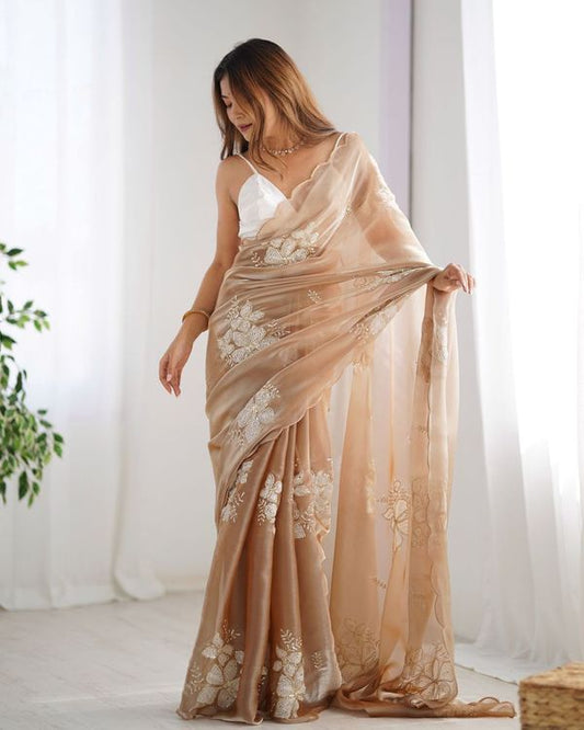 Beige Designer Sequance Embroidery Work Jimmy choo Saree