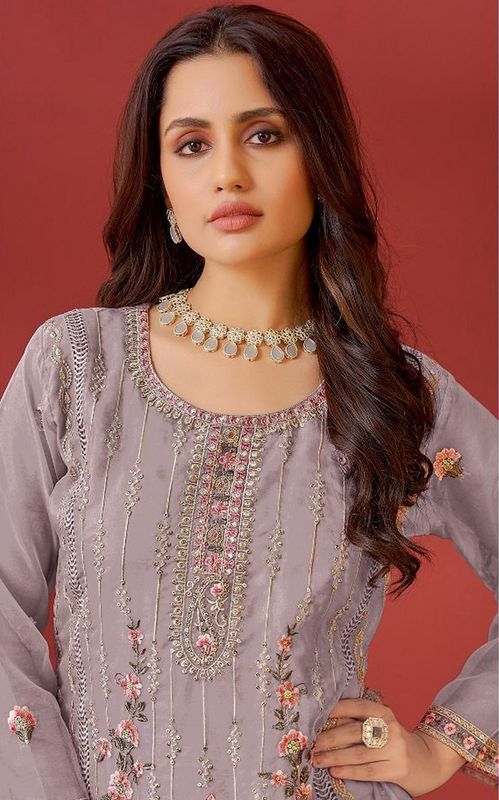 Mauve Color Organza Fabric Designer Embroidery Work Pakistani Style Salwar Kameez