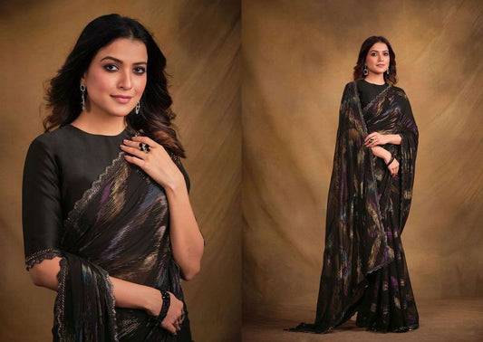 Black Designer Embroidery & Stone Work Zari Jacquard Print Saree