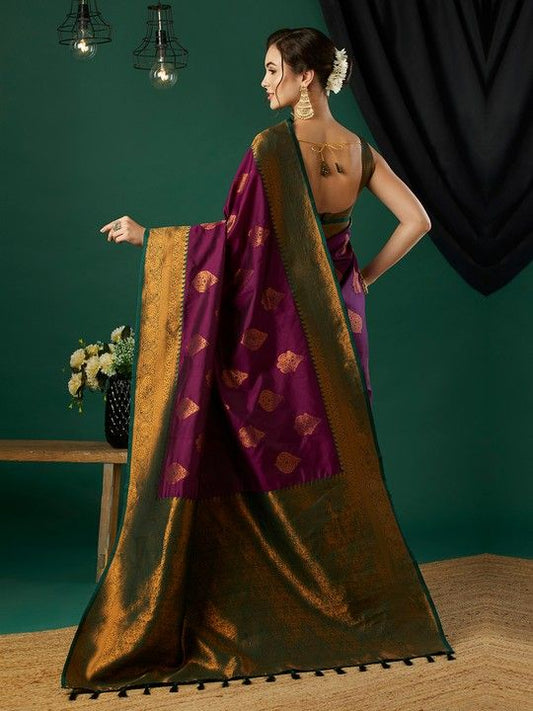 Wine Banarasi Silk Woven Saree With Tassels on Pallu and Stitched Green Blouse