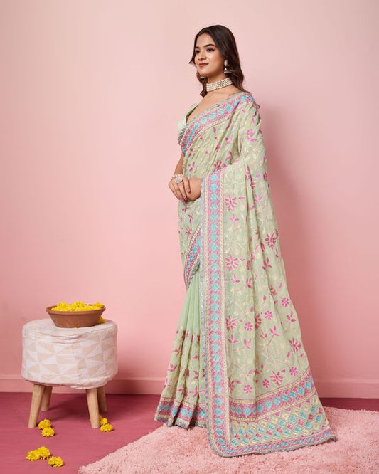 Pista Multy Thread Embroidery Work Georgette Saree