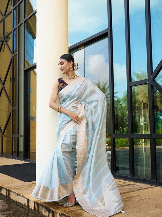 Sky Blue Khadi Striped Saree and Stitched Multi Blouse