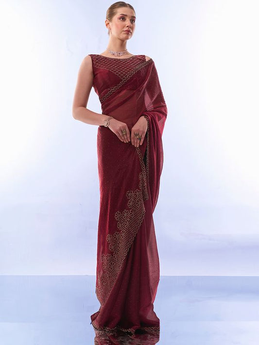 Maroon Designer Work Lace Border & Swarovski Work Burburry Saree