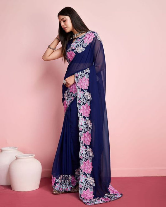 Blue Multy Thread Embroidery Work Georgette Saree