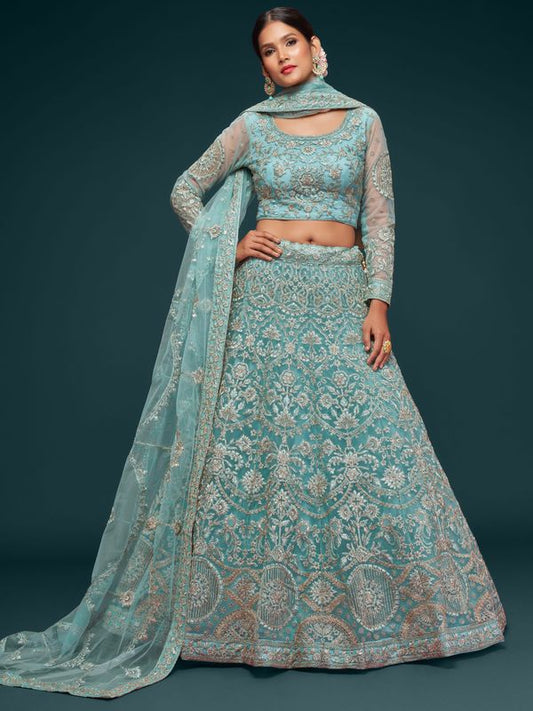 Ocean Aqua Women's Soft Net Embroidery Lehenga Choli