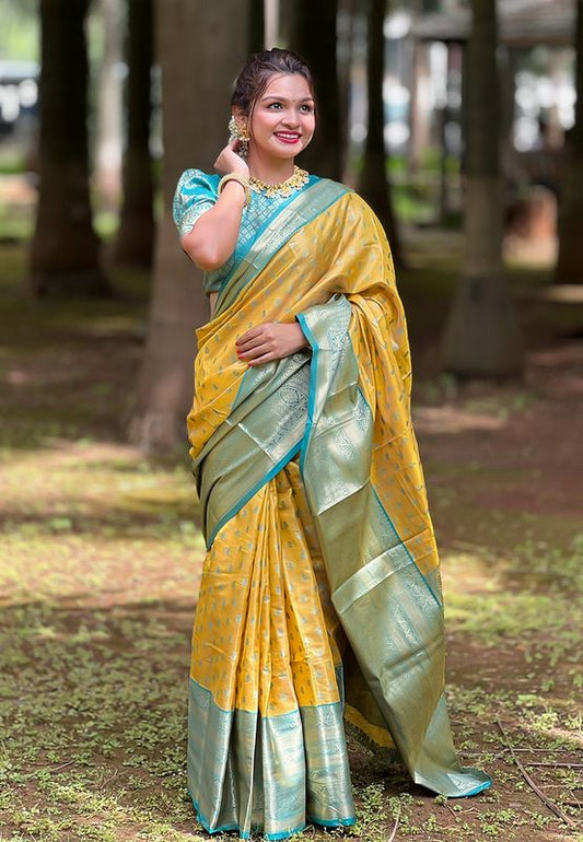 Yellow Color Tissue Silk Traditionally Rich Wevon Jari Designer Saree