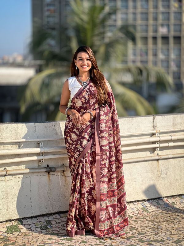 Wine Wevon Jari Border & Designer Digital Printed Tussar Silk Saree