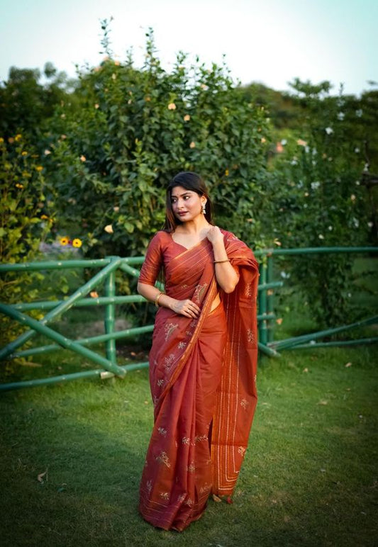 Elegant Orange Khadi Tussar Silk Saree With Sophisticated Designer Kantha Stitch Thread Embroidery Work