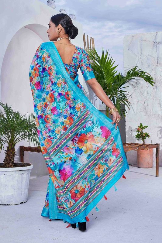 Blue Color Linen Blend Digital Printed Designer For Graceful Festive Looks