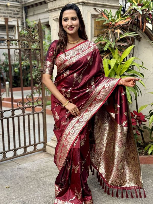 Maroon Wevon Jacquard Jari Designer Banarasi Silk Saree