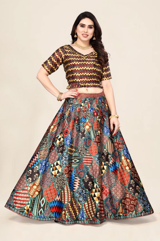 Ethnic Motifs Digital Print Shiney Satin Croptop Lehenga Choli With Blouse For Women and Girls