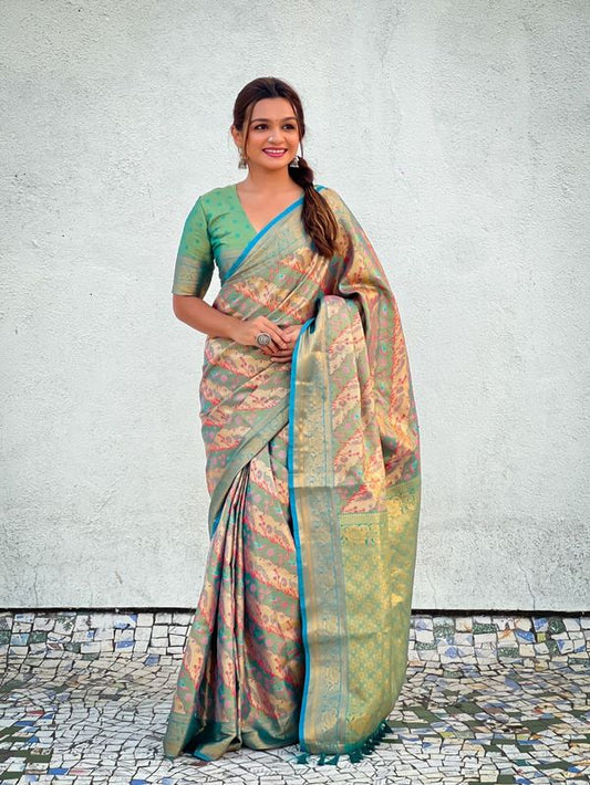 Blue Color Dharmavaram Silk  Wevon Laheriya Meenakari Designer Traditional Heavy Rich Looks Saree