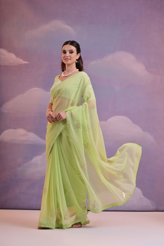 Parrot Designer Sequance Embroidery Work Georgette Saree