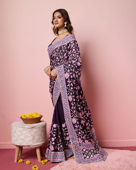 Purple Multy Thread Embroidery Work Georgette Saree