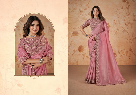 Light Pink Heavy Embroidery & Patch & Pearl Work Banarasi Crush Silk Saree