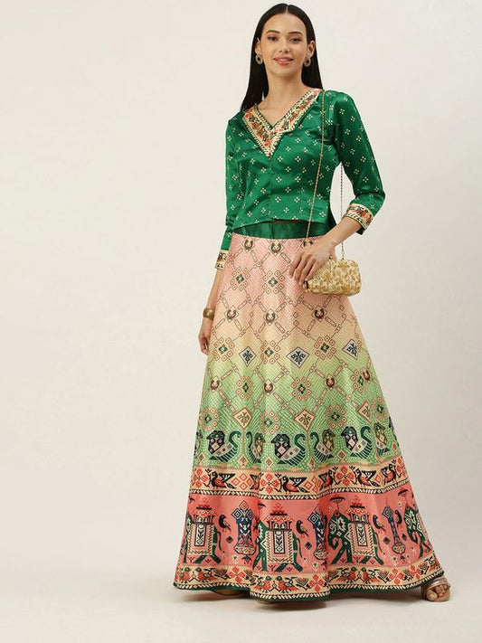 Ethnic Motifs Digital Print Shiney Satin Croptop Lehenga Choli With Blouse For Women and Girls