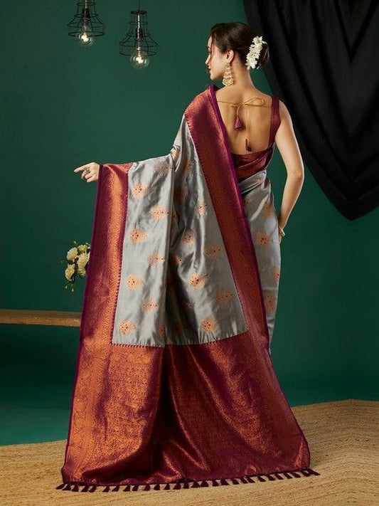 Grey Banarasi Silk Woven Saree With Tassels on Pallu and Stitched Wine Blouse