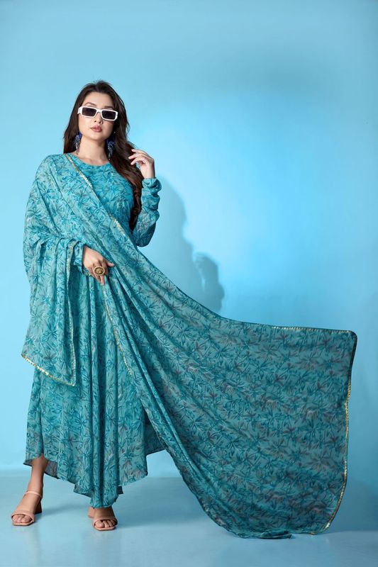 Blue Georgette Designer Printed Graceful Partyweaar Gown With Dupatta