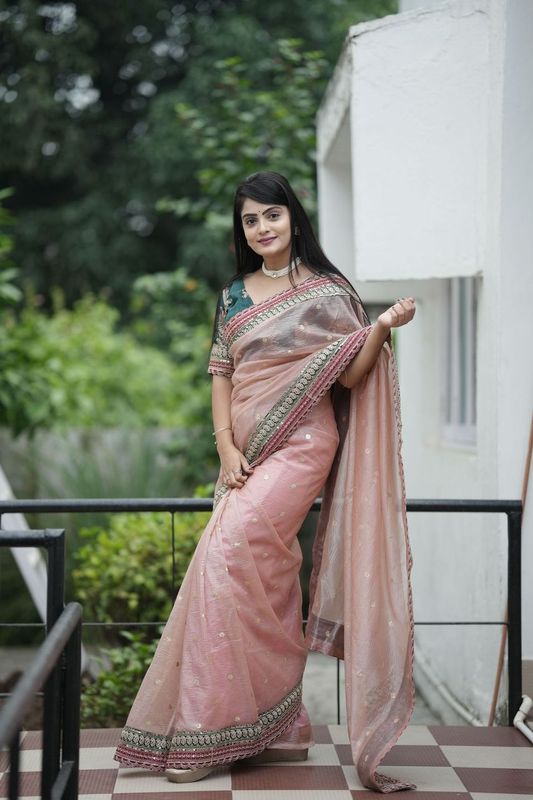 Pink Sequance Embroidery Work Banarasi Crush Saree