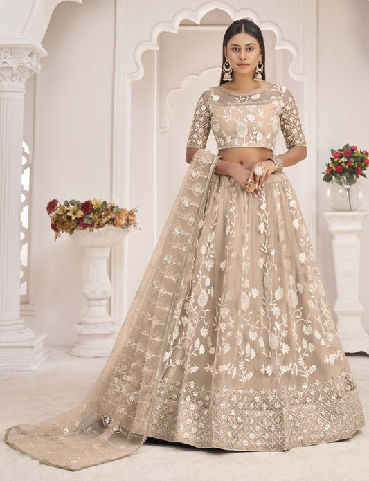 Beige Embroidered Net  Stitched Lehenga