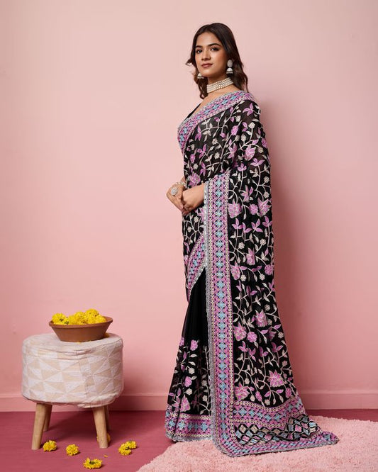 Black Multy Thread Embroidery Work Georgette Saree