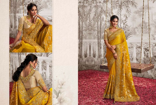 Yellow Heavy Designer Embroidery Work Dola Viscose Silk Saree