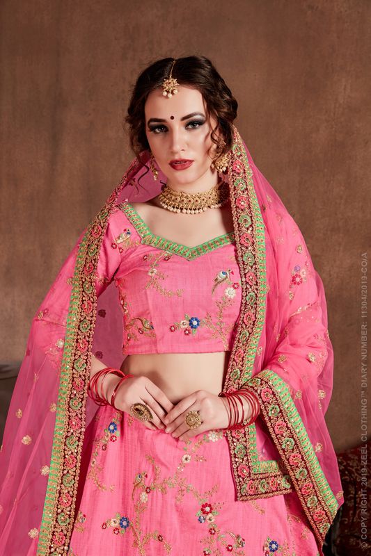 Pink Women's Art Silk Embroidery Lehenga Choli