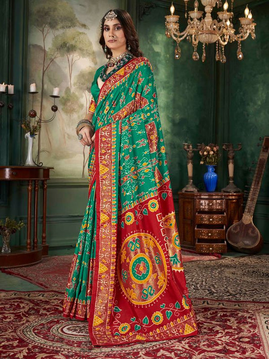 Sea Green Tussar Silk Wevon Designer With Ikkat Printed Traditional Saree