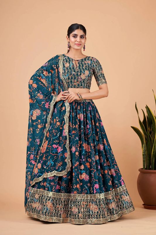 Digital Print Satin Silk Fabric Stitched Lehenga Choli With Jequared Blouse and Assami Silk Thread Work Dupatta For Women and Girls In Festive Party And Traditional Wear