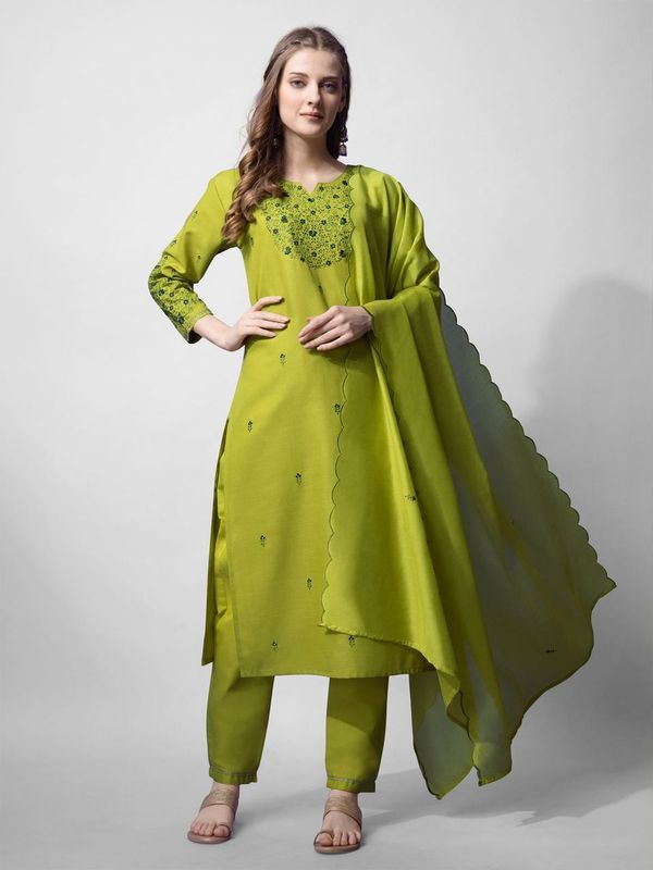 Parrot Green Color Cotton Blend Readymade Dress With Designer Embroidery Work