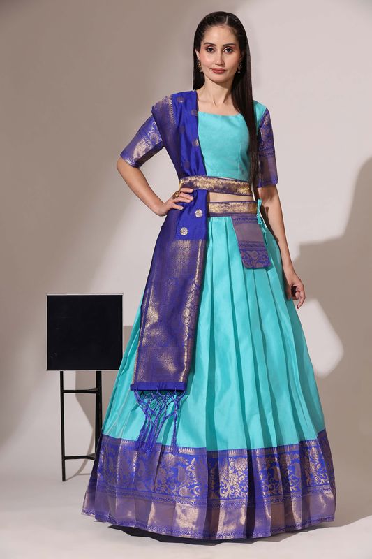 Light Blue Lichi Silk Jacquard Work Lehenga