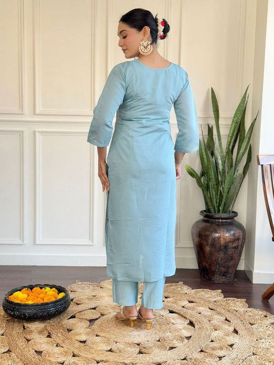 Women Embroidered Straight Kurta with Pant And Printed Dupatta Sets