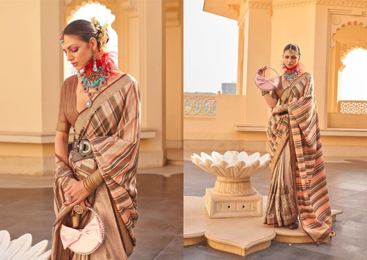 Beige Wevon Border Designer & Printed P V Silk Saree