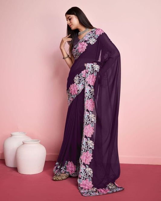 Purple Multy Thread Embroidery Work Georgette Saree